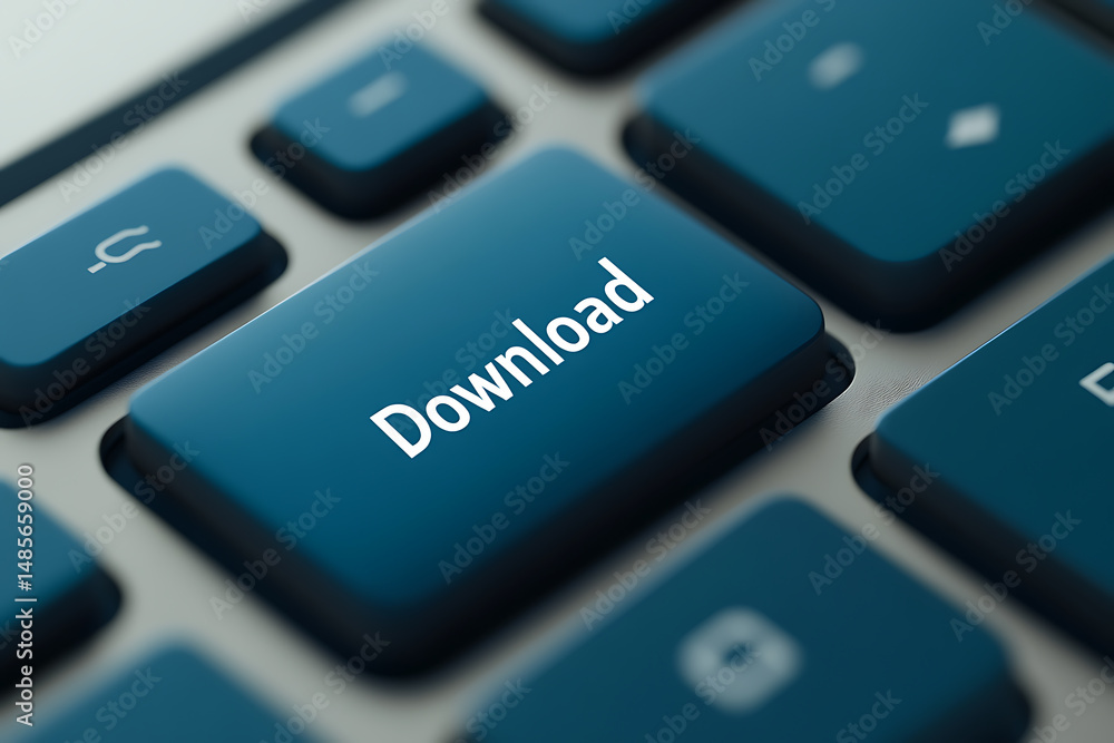 Poster download button: a macro shot captures a blue 'download' key on a keyboard, highlighting digital int