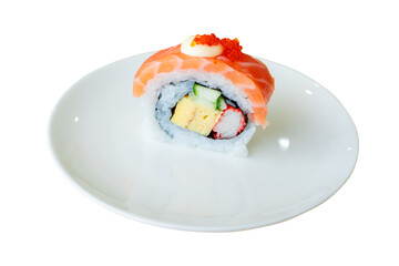 Fresh and colorful salmon sushi roll topped with fish roe and mayonnaise, served on a clean white plate. Ideal for Japanese cuisine, food styling, and restaurant menu concepts, PNG File