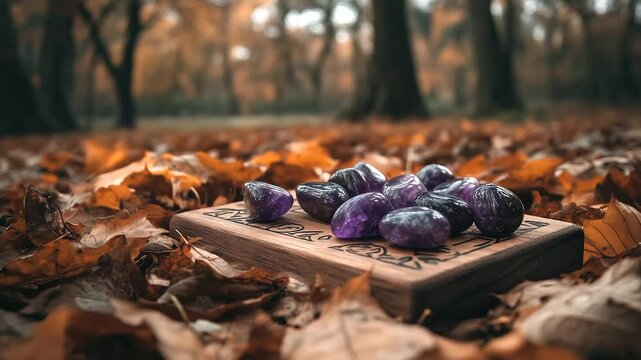 A mysterious composition of amethyst rune stones placed carefully on an engraved wooden board, surrounded by rich autumn foliage, symbolizing the magic of the season.