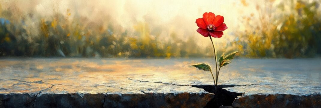 Fototapeta A solitary red flower growing through a crack in dry, cracked pavement with soft golden light and blurred greenery in the background, symbolizing resilience and hope