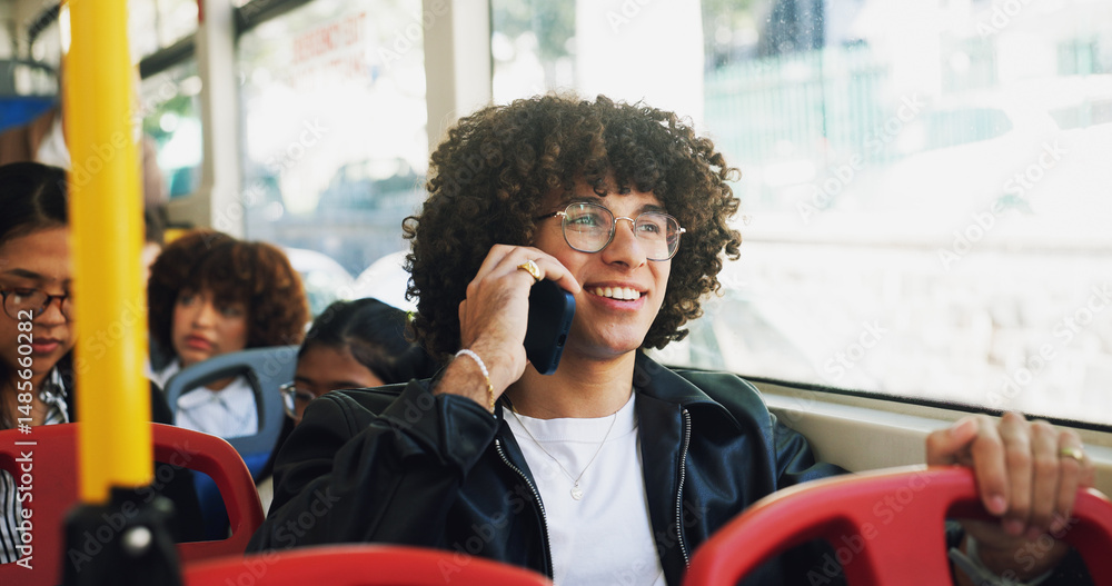 Poster phone call, smile and man on bus for travel with communication, networking or contact for university