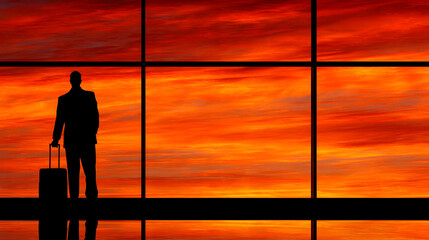 Businessman sunset silhouette airport travel luggage back view window orange sky reflection create dramatic scene of man with suitcase gazing at vibrant sunset through large glass windows