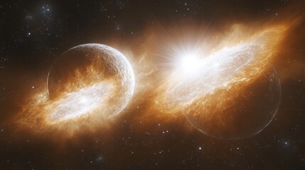 Obraz premium Cosmic explosion between two celestial bodies.