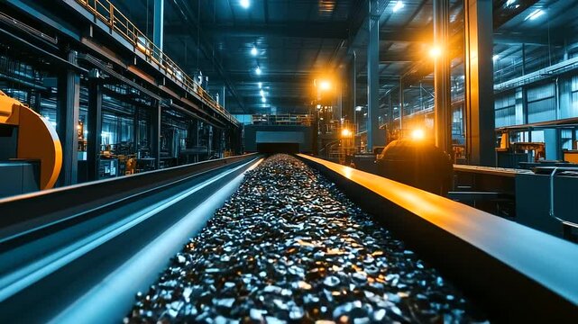 A panoramic view of a scrap metal recycling plant, with a conveyor belt carrying metal sheets, wires, and scraps through automated machinery, symbolizing efficiency in waste proces