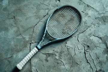 Old Tennis Racket on Cracked Concrete Surface with Unique Textures