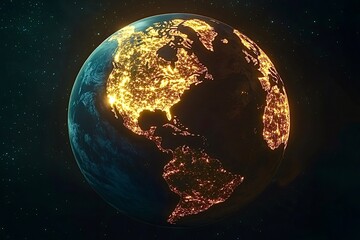 Fototapeta premium Planet earth rotating in space showing north and south america at night with lights glowing