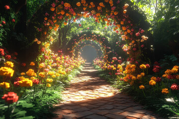 Path winding through vibrant garden with colorful flowers.