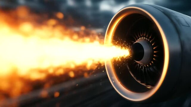 A powerful close-up of a jet engine spitting fire as the afterburner kicks in, creating a dynamic wave of heat distortion in the background.