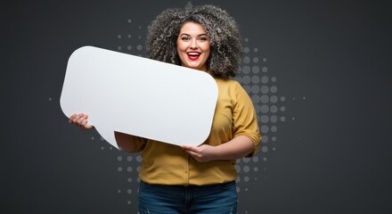 The woman is holding a large white speech bubble. Visual Concept.