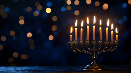 Lit Menorah with Flickering Candles Against Dark Blue Bokeh Lights for Hanukkah Celebration and Festive Holiday Photography