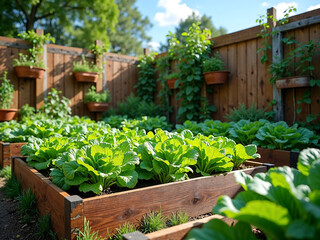 Raised garden beds with leafy greens in backyard farm
