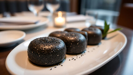 Michelin Style Black Sesame Mazapan Served on Elegant Plate in Sophisticated Restaurant Setting