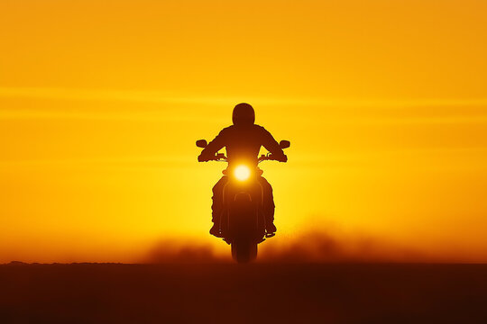 Silhouette of Motorcycle Rider Against Golden Sunset with Headlight Glow for Dynamic Adventure Photography