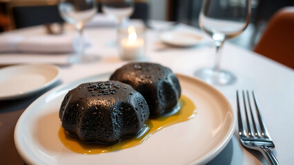 Michelin Style Black Sesame Madeleine on Elegant Plate in Fine Dining Restaurant Setting Gourmet French Pastry Dessert