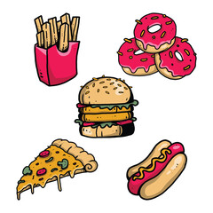Fast Food Doodle Vector Set. Burger, Pizza, Donuts, Fries And Hot Dog.
