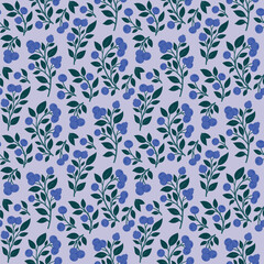 Ripe Blueberry Seamless Pattern with Branches, Berries, and Leaves on Light Purple Background. Juicy Bilberry Hand Drawn Endless Design for Fabric, Wrapping Paper, Kitchen Textile or Packaging
