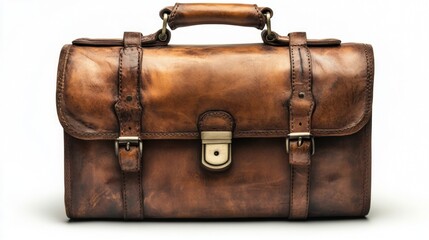 Vintage brown leather briefcase with metal clasps and buckles, a lock, and straps. Classic design exudes timeless elegance on a white background.