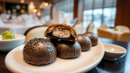 Michelin Style Black Sesame Manju Served on Elegant Plate in Sophisticated Restaurant Setting