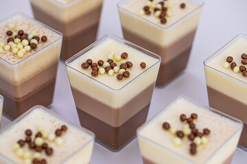 Delicious layered chocolate mousse desserts in square cups