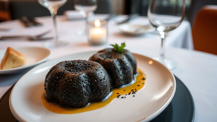 Michelin Style Black Sesame Maamoul Served on Elegant Plate with Luxury Restaurant Background Traditional Middle Eastern Dessert Fine Dining Experience