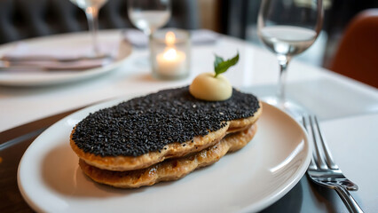 Michelin Style Black Sesame Kunafa Served on Elegant Plate in Sophisticated Restaurant Setting