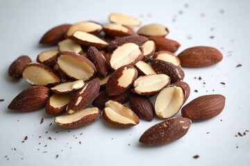 Obraz premium close-up of whole and halved raw almonds scattered on a white surface