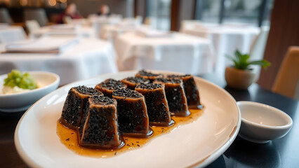 Michelin Style Black Sesame Jeolpyeon Served on Beautiful Plate with Elegant Restaurant Setting Traditional Korean Dessert Presentation