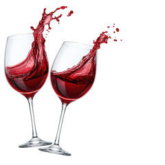 Elegant Cheers: Two wine glasses, filled with crimson liquid, engage in a dynamic celebration of taste, creating a captivating splash. This scene encapsulates the essence of a toast.