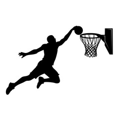 A male Basketball sports player vector silhouette slam dunk, scoring the ball into the net, Solid white background