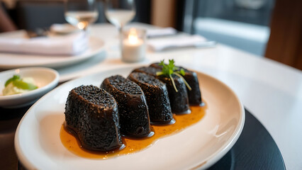 Michelin Style Black Sesame Injeolmi Served on Beautiful Plate with Elegant Restaurant Background Traditional Korean Dessert Presentation