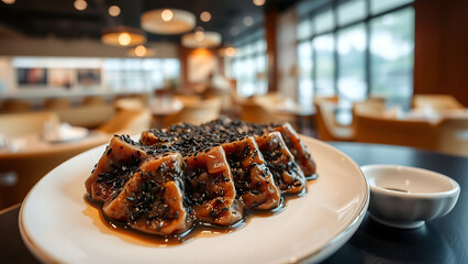 Michelin Style Black Sesame Gyeongdan Served on Beautiful Plate in Elegant Restaurant Setting Traditional Korean Dessert Fine Dining Experience
