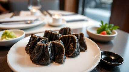 Michelin Style Black Sesame Hangwa Traditional Korean Dessert Served on Beautiful Plate in Elegant Restaurant Setting