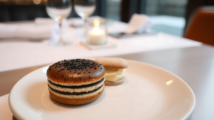 Michelin Style Black Sesame Financier on Elegant Plate in Upscale Restaurant Setting Gourmet Dessert Presentation