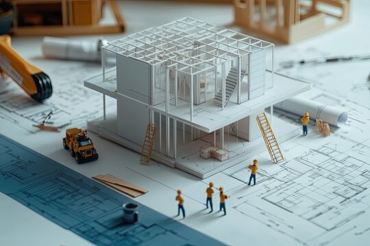 Architectural model of a two-story house under construction. Miniature figures of workers are seen positioned around the model, alongside blueprints and construction tools