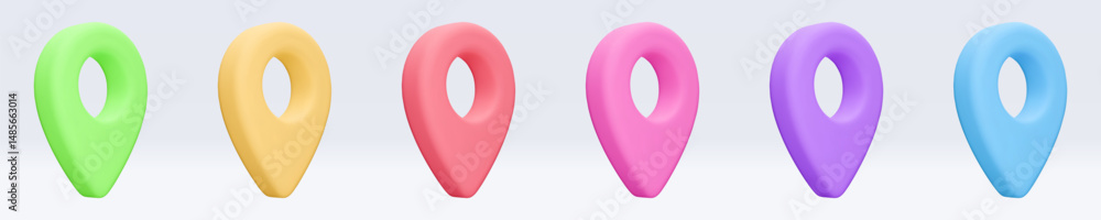 Poster set of colored location pointer, placemark, marker of map, navigation pin sign. 3d gps icon with sha