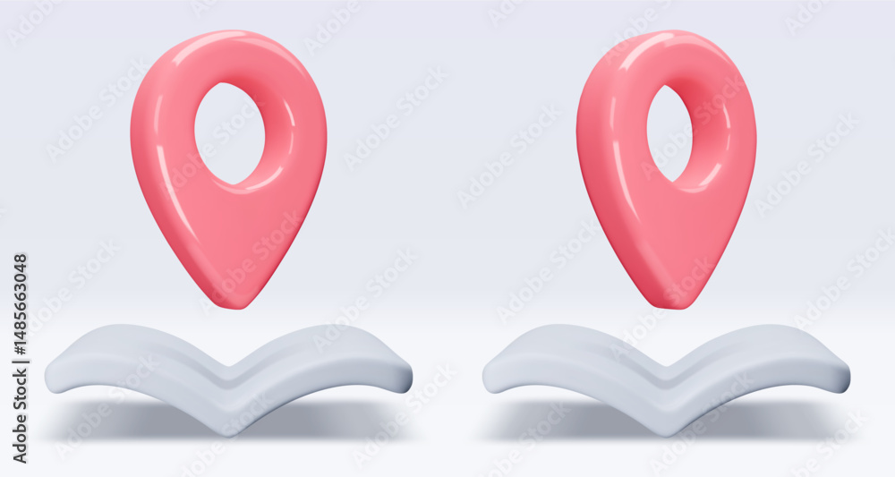 Poster set red location pointer om map, book, placemark, marker of map, navigation pin sign. 3d gps icon. s
