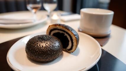 Michelin Style Black Sesame Dorayaki Served on Beautiful Plate Elegant Restaurant Background Dessert Japanese Sweets Gourmet Presentation