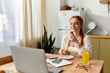 Enjoying a delightful brunch while engaging in a virtual meeting from a cozy kitchen setting