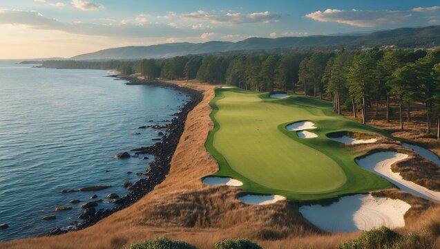 Scenic long par 5 hole by the shoreline