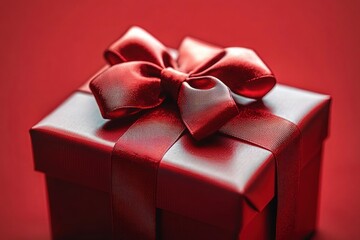 Close-up of a shiny red gift box wrapped with a wide satin ribbon bow on a red background conveying festivity and celebration