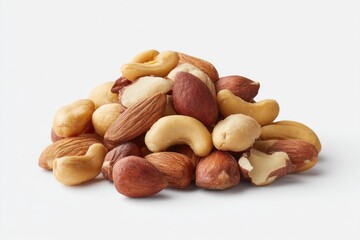 A pile of mixed nuts.  Various nuts, including almonds, cashews, and hazelnuts, are densely clustered together.  The nuts are whole and some are broken
