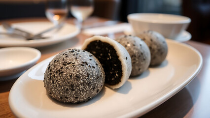 Michelin Style Black Sesame Daifuku Served on Beautiful Plate Elegant Restaurant Background Traditional Japanese Dessert