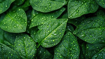 Fototapeta premium Fresh spinach leaves glistening with water droplets: a vibrant close-up