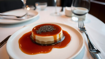 Michelin Style Black Sesame Creme Caramel on Elegant Plate in Sophisticated Restaurant Setting