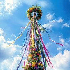Colorful maypole decorated with numerous flowers and vibrant ribbons fluttering against a bright blue sky with scattered clouds