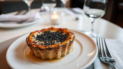 Michelin Style Black Sesame Clafoutis Served on Elegant Plate in Luxury Restaurant Setting