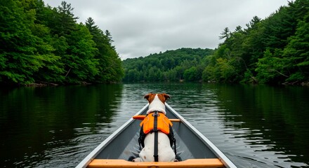 Fototapeta premium Dog in Canoe Adventure on Lake Surrounded by Lush Forest Exploring Nature and Wilderness with a Energetic Pet on a Summer Outdoor Vacation