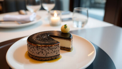 Michelin Style Black Sesame Cheesecake on Elegant Plate in Fine Dining Restaurant Setting Gourmet Dessert Presentation