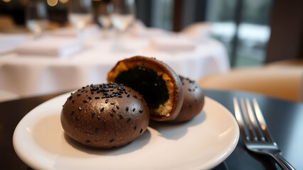 Michelin Style Black Sesame Choux Pastry Served on Elegant Plate with Luxury Restaurant Background Gourmet Dessert Presentation