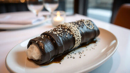 Michelin Style Black Sesame Cannoli Served on Elegant Plate in Sophisticated Restaurant Setting